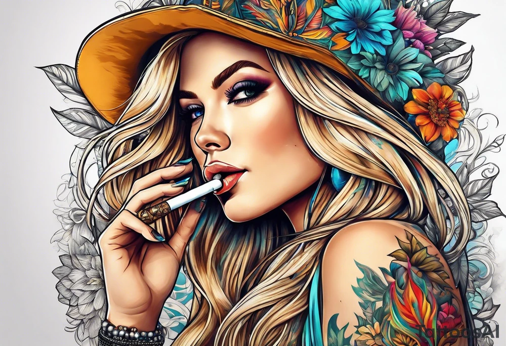 Hippie girl smoking a joint, blond hair, Bell-bottoms, and a big booty tattoo idea
