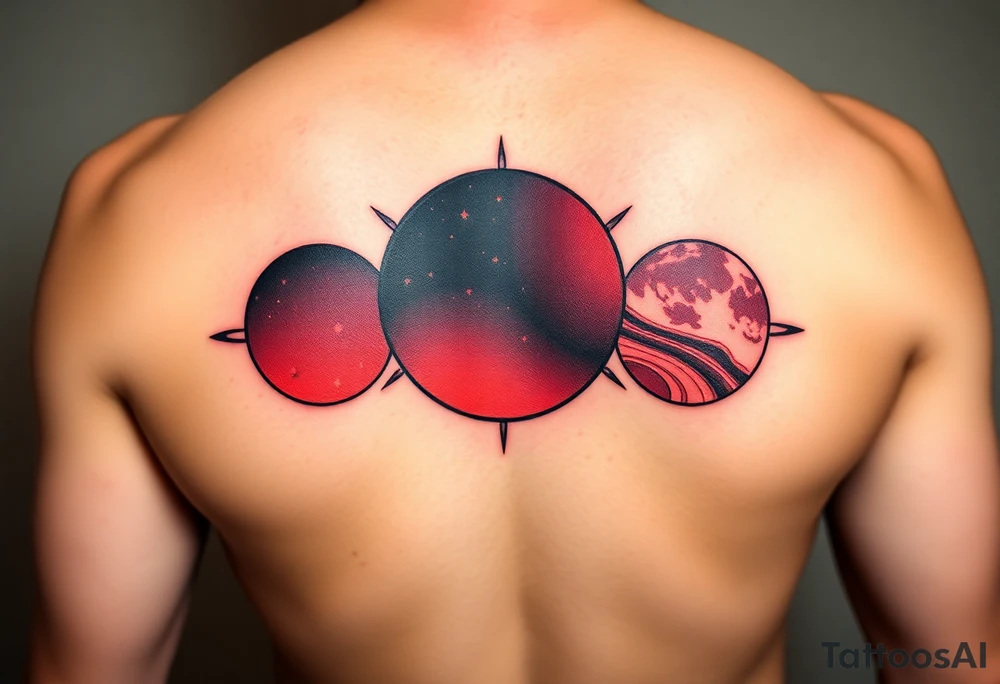 three horizontal planets. Color Black and red with more black tattoo idea