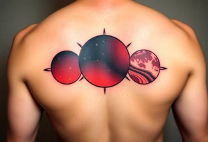 three horizontal planets. Color Black and red with more black tattoo idea