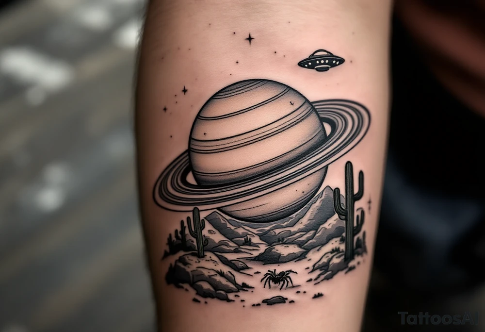 saturn with the rings being a rollercoaster track, and on the land i want the cactus jack cactus, a spider and the yeat UFO, on the forearm tattoo idea