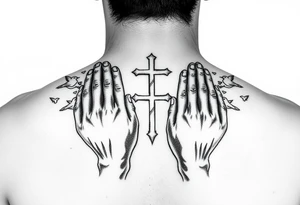 Praying hands , hope faith love , cross , birds , clouds , god strongest child tattoo idea