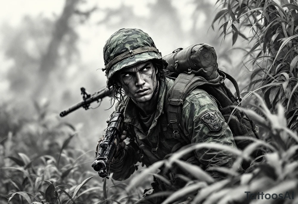 Vietnam War Soldier – A soldier wearing a green jungle camo, carrying a rifle on his back, with a tense expression, moving through thick, foggy vegetation. tattoo idea