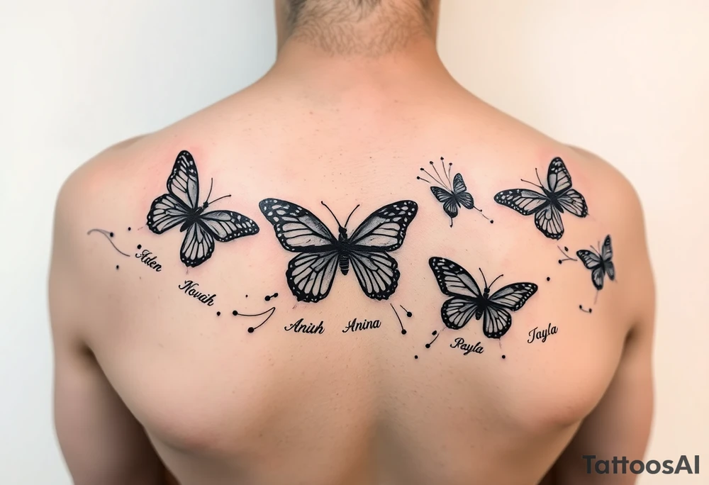 Six Butterflies with kids names streaming down arm  names of kids are Aden, Novaih, Aninna, Rayla, Jayla tattoo idea