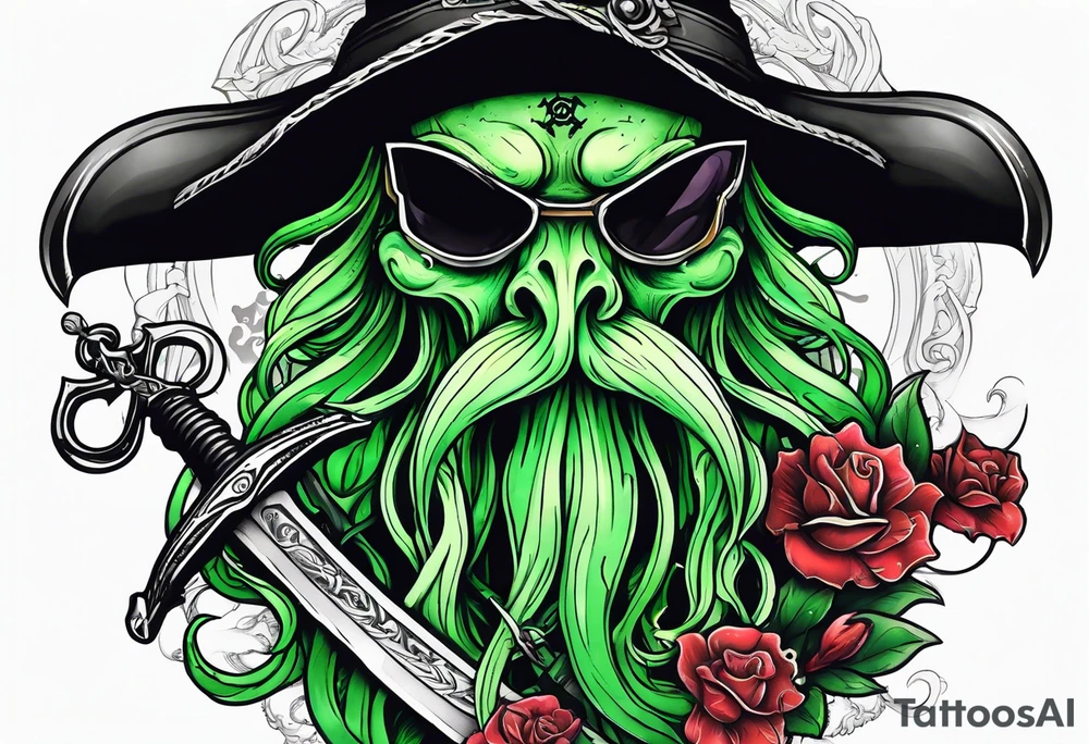 green pirate squid holding bloody sword and anchor, black hat, beard tattoo idea