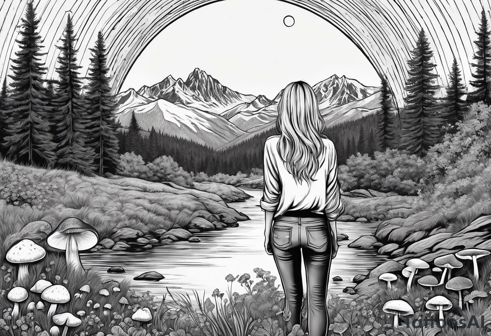 Whole picture encircled fully

Straight long blonde hair hippie girl in distance holding mushrooms in hand facing away toward mountains and creek surrounded by mushrooms long sleeve shirt and hiking pants; whole rendering within a full circle, no cut off circle tattoo idea