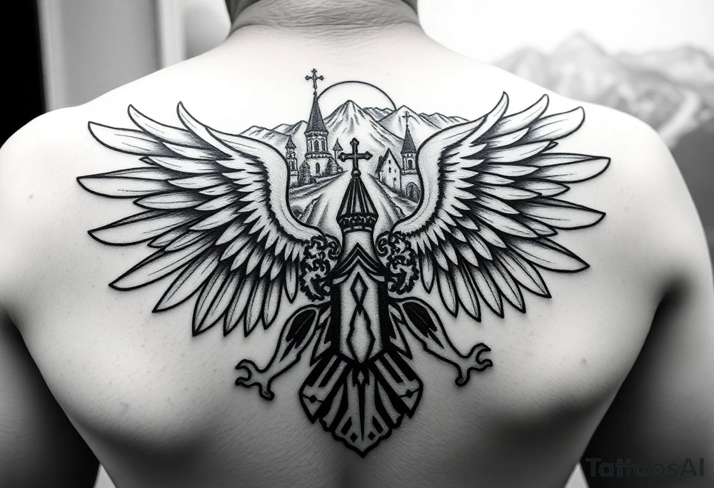 an actual russian coat of arms with the eagles wings spanning out on my back neck across my shoulders / traps with a orthodox christian church being visible in a mountainous sun beaming setting, with the russian orthodox cross spire of the orthodox church being visible on my neck with a sun beaming in the background that the cross sits inside tattoo idea