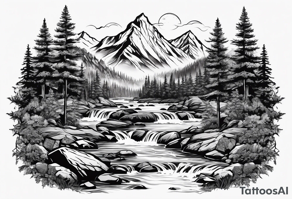 forrest 
river running through rocks and mountains 
open
compass tattoo idea