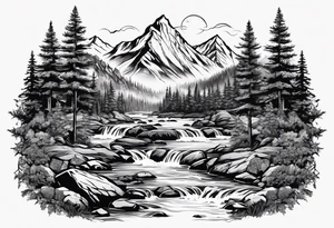 forrest 
river running through rocks and mountains 
open
compass tattoo idea