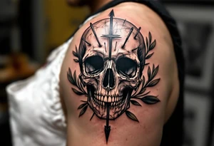 a skull whose head would be pierced by needles under the head go a long an  arrow and surrounded by a olive tree leaf around tattoo idea