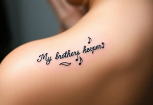 A microphone end of cord drawing the words “My brothers keeper” and music notes tattoo idea