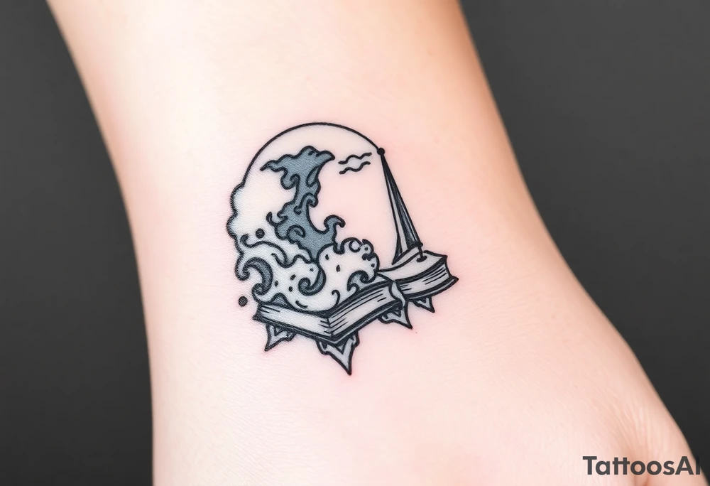 A black and white tattoo that will go on side of the wrist. This is for someone who loves ocean, travel and books. Give this on side of the wrist tattoo idea