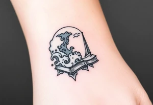 A black and white tattoo that will go on side of the wrist. This is for someone who loves ocean, travel and books. Give this on side of the wrist tattoo idea