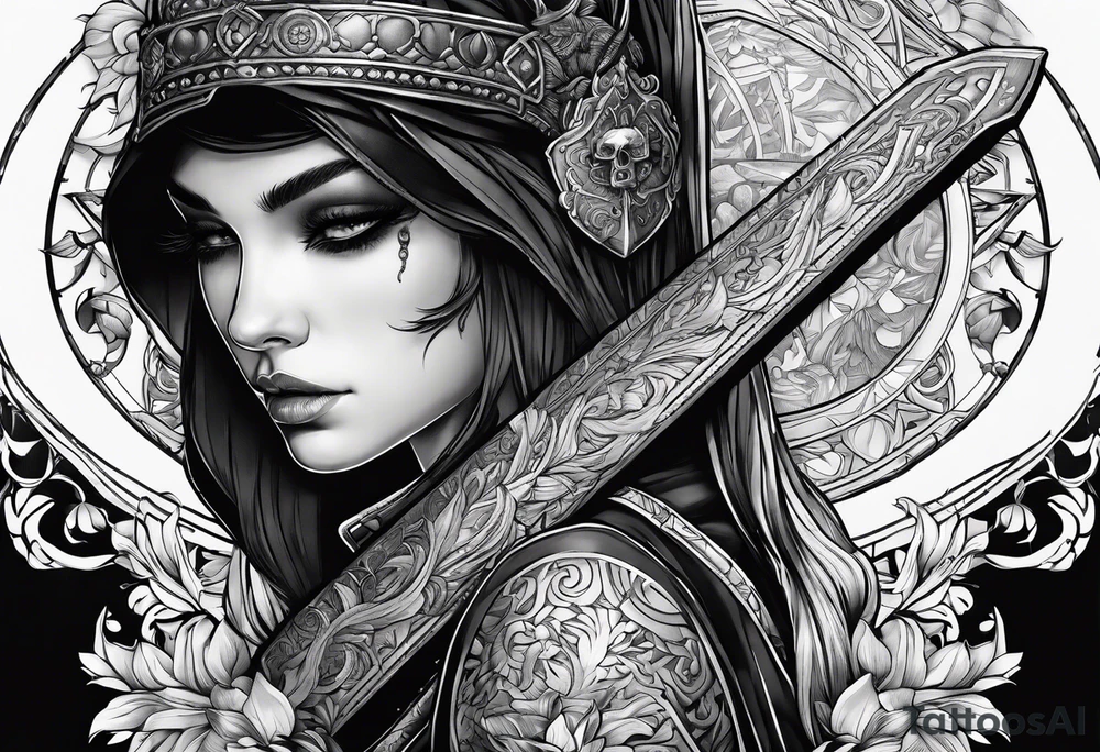 Bind Girl with cover on her eyes with a sword in her hand and in the other hand holds a scale tattoo idea