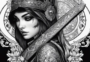Bind Girl with cover on her eyes with a sword in her hand and in the other hand holds a scale tattoo idea