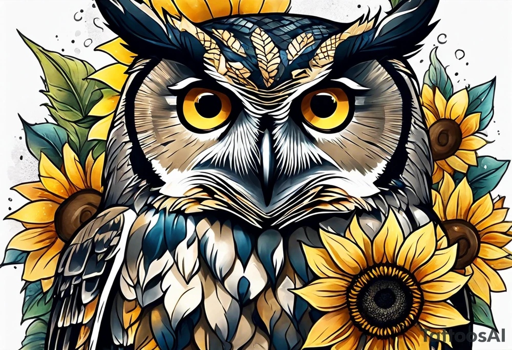 Owl with sunflowers leg sleeve tattoo idea