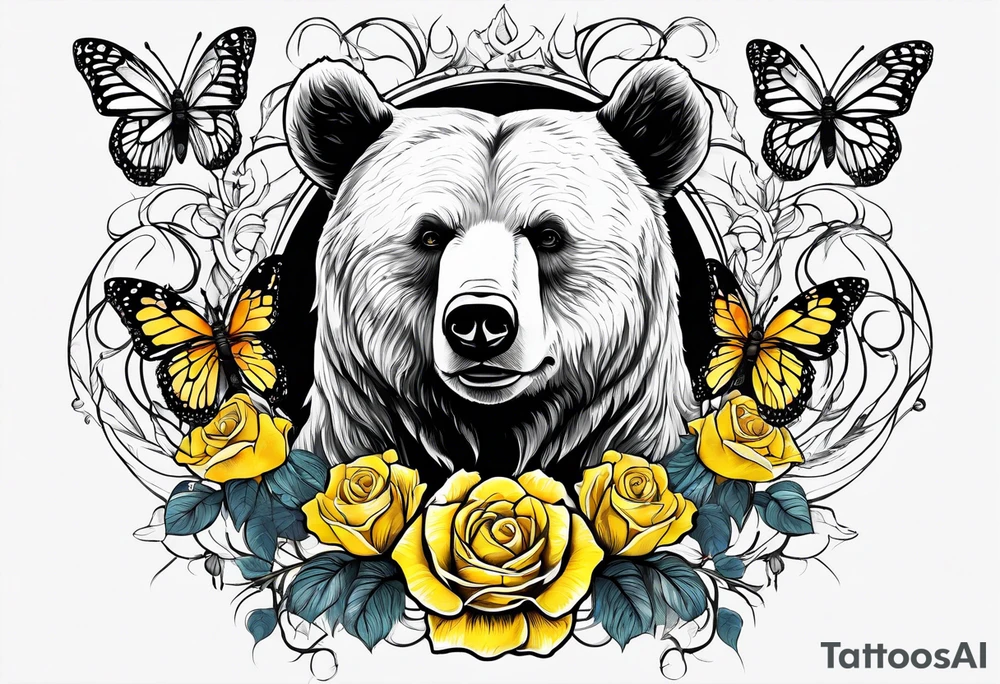 A bear with three yellow roses, three butterflies, and the tree of life tattoo idea