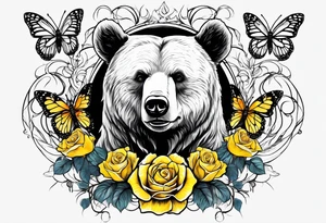 A bear with three yellow roses, three butterflies, and the tree of life tattoo idea