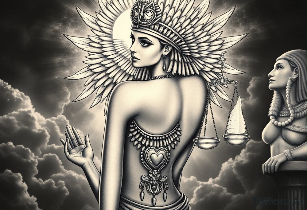 Beautiful Egyptian goddess with a curvy sexy body. She is a regal woman with an ostrich feather headdress, and intricate ancient Egyptian jewelry such as the Anhk necklace. Background includes something similar to heaven. Incorporate the Scales of Justice—one side holding a heart, the other Ma’at’s feather—glowing with ethereal energy. Emphasize dramatic lighting, deep shadows, and surreal, mystical atmosphere tattoo idea