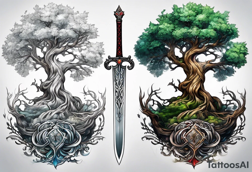 Yggdrasil with a long sword underneath tattoo idea
