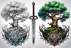 Yggdrasil with a long sword underneath tattoo idea