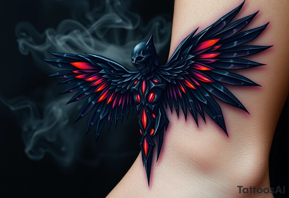 An abstract angel of death emerging from smoke, its wings composed of fragmented dark shards, glowing with neon purple and orange accents. tattoo idea