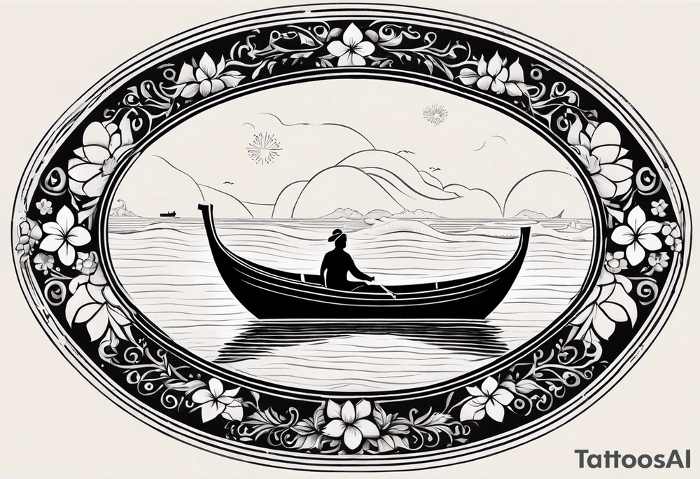 Create an oval-shaped frame with the text “Honeymoon” written in Thai inside the oval. At the center of the oval, place a traditional Thai long-tail boat decorated with flowers at its bow, as is customary. The boat should be floating on open water with gentle waves, and beneath the boat, include a swimming turtle. tattoo idea