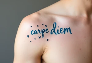 Blue watercolor script fading from dark to light "carpe diem", trailing a flock of black birds in flight. tattoo idea