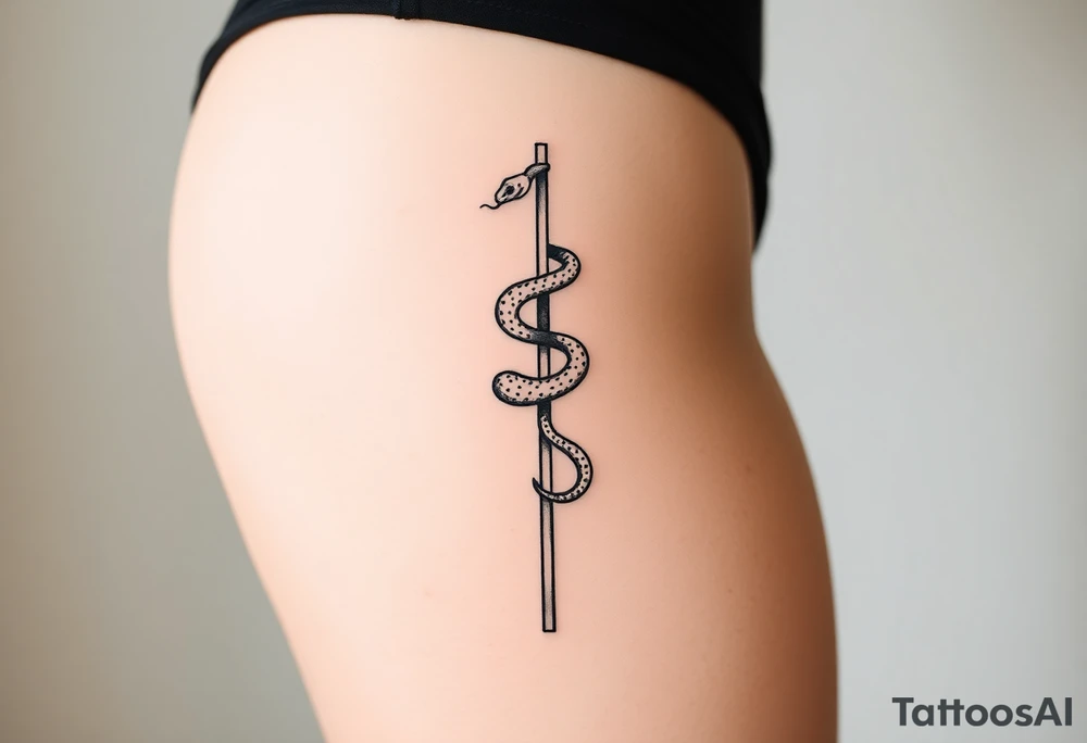 Snake tatto graphic on the hip. Positioned on the hip bone and lower closer to lady parts and leg. Snake symbolically wrapped over the pole (pole dance one). Minimalistic graphic style. Only snake and pole. Positioned horizontally, Pole vertically (not just Pole but a special pole for pole dance, but not to much details). Front view, hip bone is left and lower than belly, only front view. Pole is symbolically outline only like vertical simplified pole without details without beginning and end. Snake is placed diagonally according to the pole, partially wrapped around it and partially positioned on the hip bone from hip bone closer to vagina tattoo idea