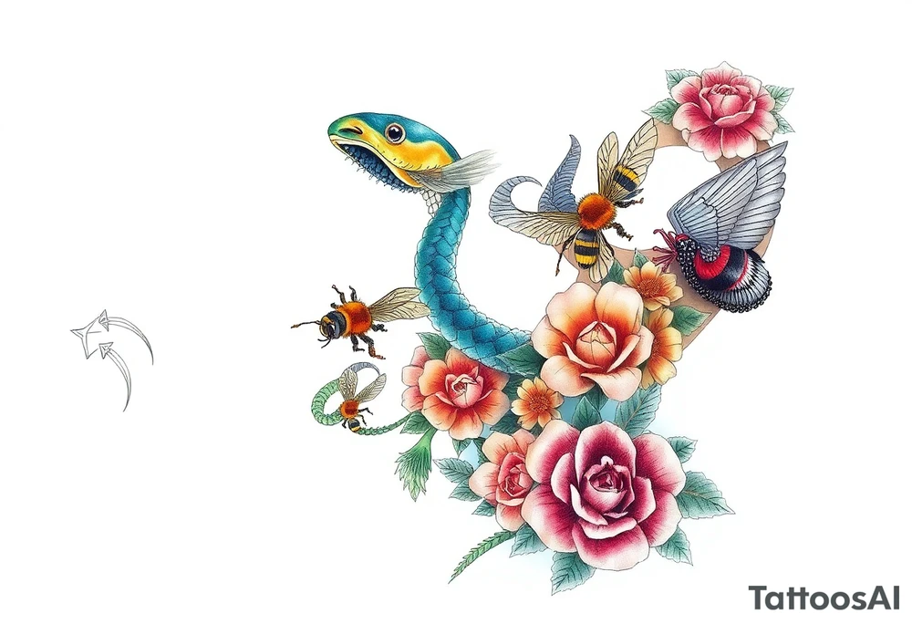 Colorful sea creatures with honey comb, bees, and roses tattoo idea