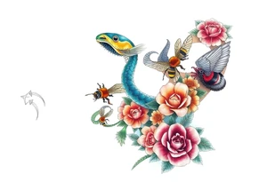 Colorful sea creatures with honey comb, bees, and roses tattoo idea