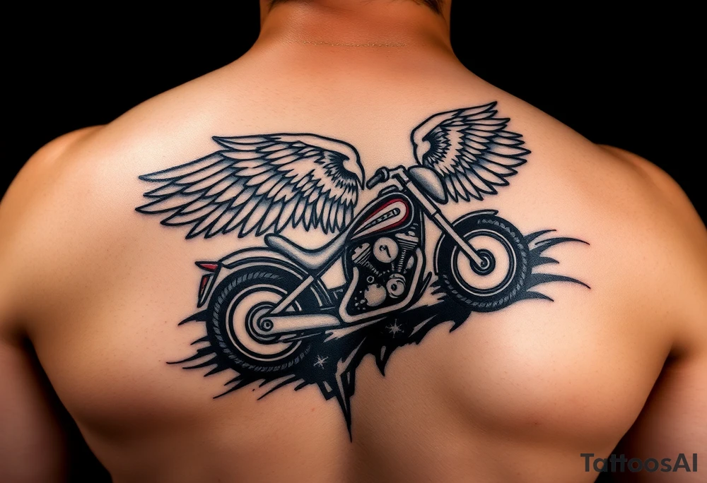 Dale Earnhardt car on it with the year 1958 - 2021 intertwined with a motorcycle on it with guardian angel wolves tattoo idea