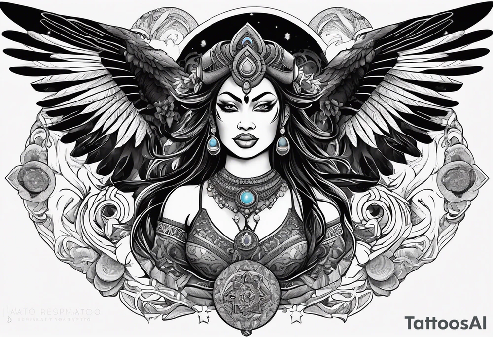 black kali, goddess pirate, alien, angel, pachamama, valkrye, warrior, flying, skull, lotus azul, wing, eagle, zenza resonance, stars, 5D, anahata chakra, death, durga, riding on a tiger, flying lady, kundalini, chest tatoo, rebel tattoo idea