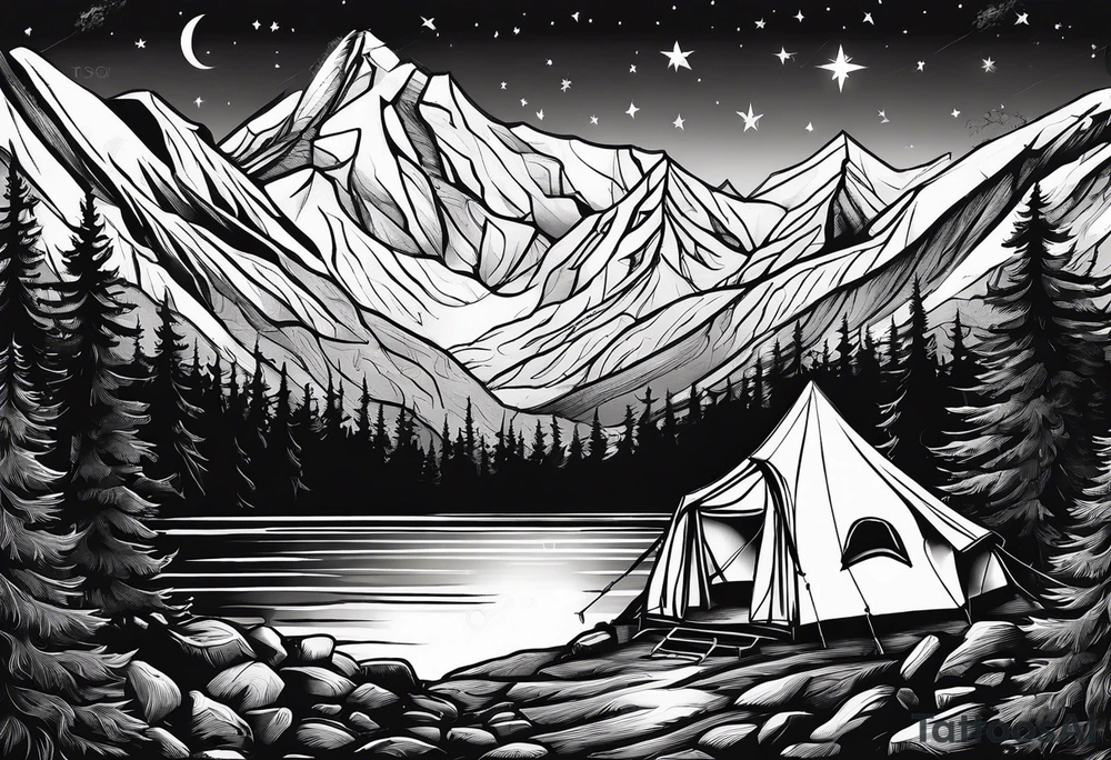 tent and camp fire with stone seating 
forest mountains and the northern lights in the sky tattoo idea