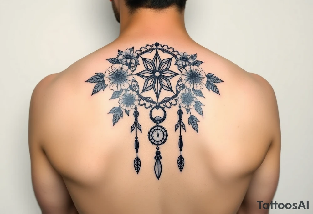 Boho dream catcher with gothic compass and hourglass. Beautiful flowers and an ornamental chandelier like look tattoo idea