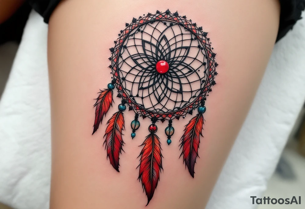 A black and red dreamcatcher with detailed feathers and a turquoise bead at the center. tattoo idea