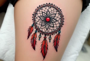 A black and red dreamcatcher with detailed feathers and a turquoise bead at the center. tattoo idea