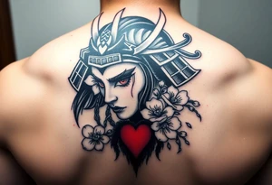 Samurai women warrior face
 with a with cherry blossom with wind red heart design bleed tattoo idea