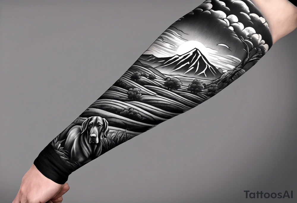 Men’s full arm sleeve. Rolling fields and the Tennessee mountains. With 4 Great Dane heads intertwined in the sleeve. tattoo idea