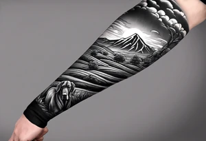 Men’s full arm sleeve. Rolling fields and the Tennessee mountains. With 4 Great Dane heads intertwined in the sleeve. tattoo idea