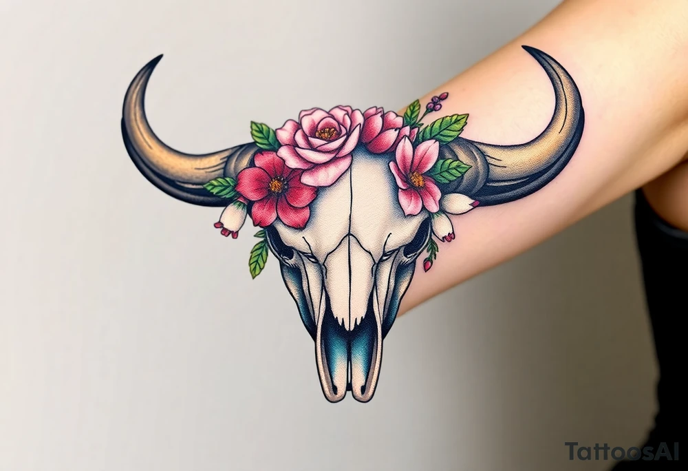 Buffalo or bison skull with flowers. Peony, snowdrop, holly with berries, larkspur, peony. Colour. For upper arm or shoulder. Masculin. tattoo idea