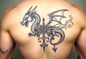 Masculine but beautiful and graceful dragon with a painterly style with a fancy celtic star and abstract filigree and knotwork tattoo idea