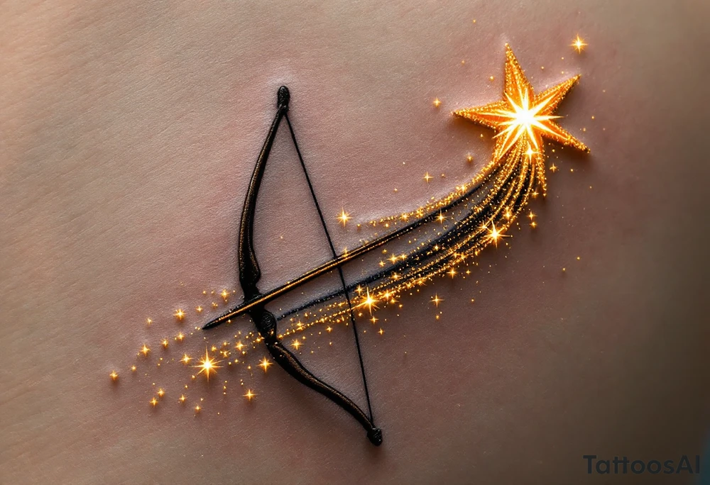 A shooting star with a long, flowing trail of golden sparkles, shooting past an archer's bow. The bow itself is earthy brown with a touch of copper highlights, while the star’s trail is dotted with bright yellow and white sparks, symbolizing Sagittarius' pursuit of dreams and ambitions. tattoo idea
