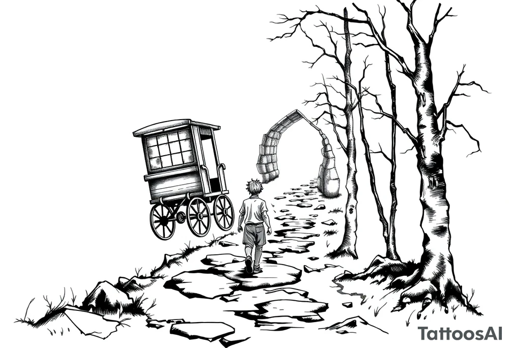 A boy walking up a forest path, DnD inspired, broken down carriage, tavern, glowing tunnel tattoo idea