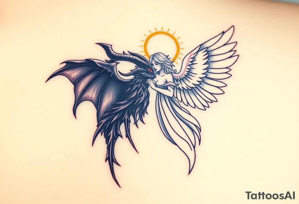 A radiant angel, with soft white wings and a glowing halo, surrounded by light, juxtaposed against a dark demon, with jagged black wings and fiery red eyes, symbolizing the ultimate conflict between good and evil. tattoo idea