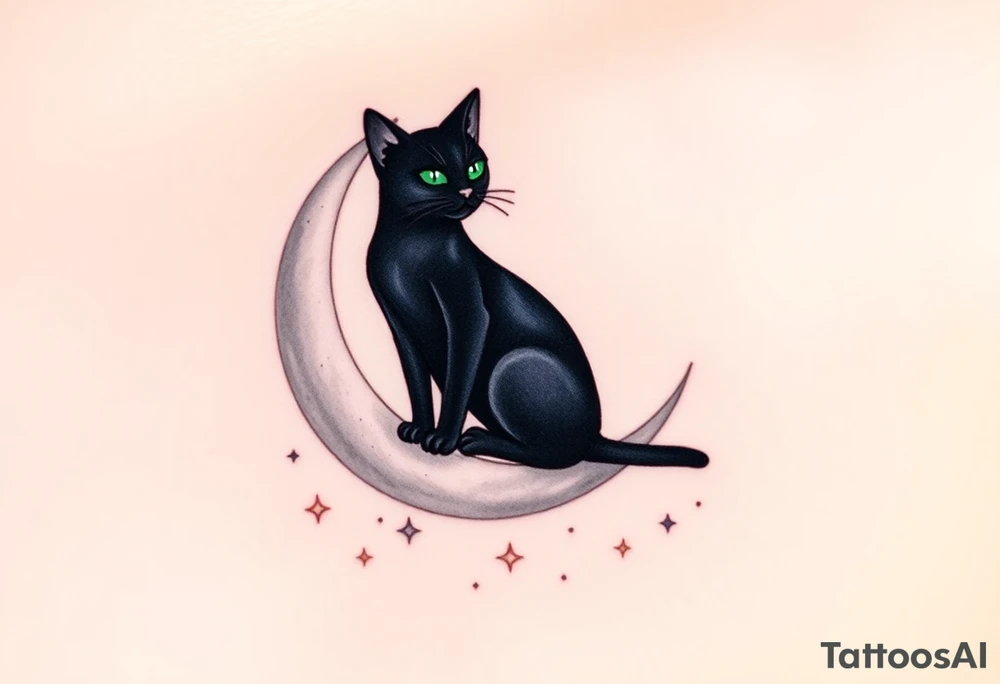 A sleek black cat sitting gracefully on a crescent moon, surrounded by a field of small, glowing stars. The cat's eyes are a bright emerald green, creating a striking contrast against its dark fur. The moon is a soft silver with a subtle gradient, transitioning from pale gray at the top to white at the bottom. Around the stars, there are gentle watercolor splashes in shades of midnight blue and deep purple, giving the design a dreamy, cosmic feel. The tattoo would have a mystical, enchanting vibe, symbolizing independence, intuition, and mystery. tattoo idea