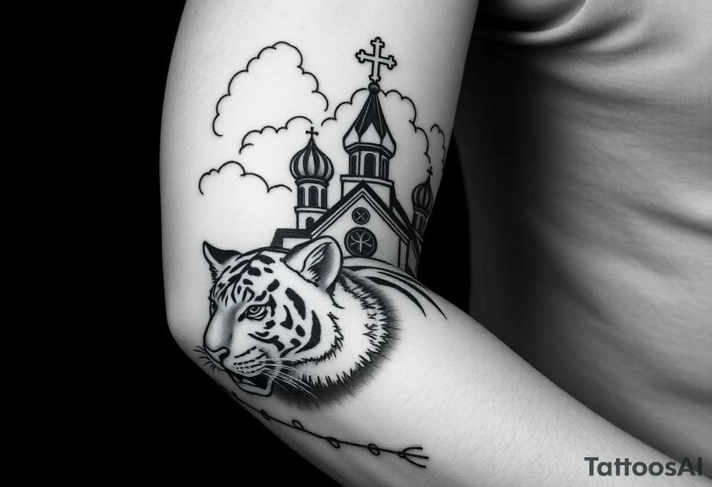 Non cartoon looking tiger on the hand with barb wire at the bottom and then above the tiger do a traditional Russian Orthodox Church with the orthodox traditional cross as the spire in clouds then Virgin Mary above overlooking with hands together on heart tattoo idea