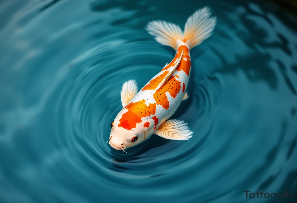 Speckled Orange Koi with Ripples – A playful koi with mottled orange and white patterns, creating soft ripples in a calm blue pond. tattoo idea