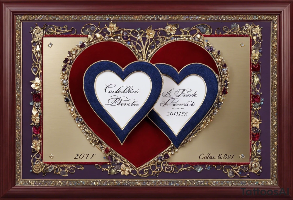 two hearts intertwined with the name Carla & Derrick above and the date 23.07.2011 below.  Inside one heart is Elias 08.03.2016 and inside the other 23.03.2021.  On the outside little embellishments with hearts, stars and dots tattoo idea