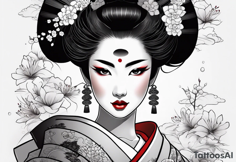 Geisha with a dress and a fan tattoo idea