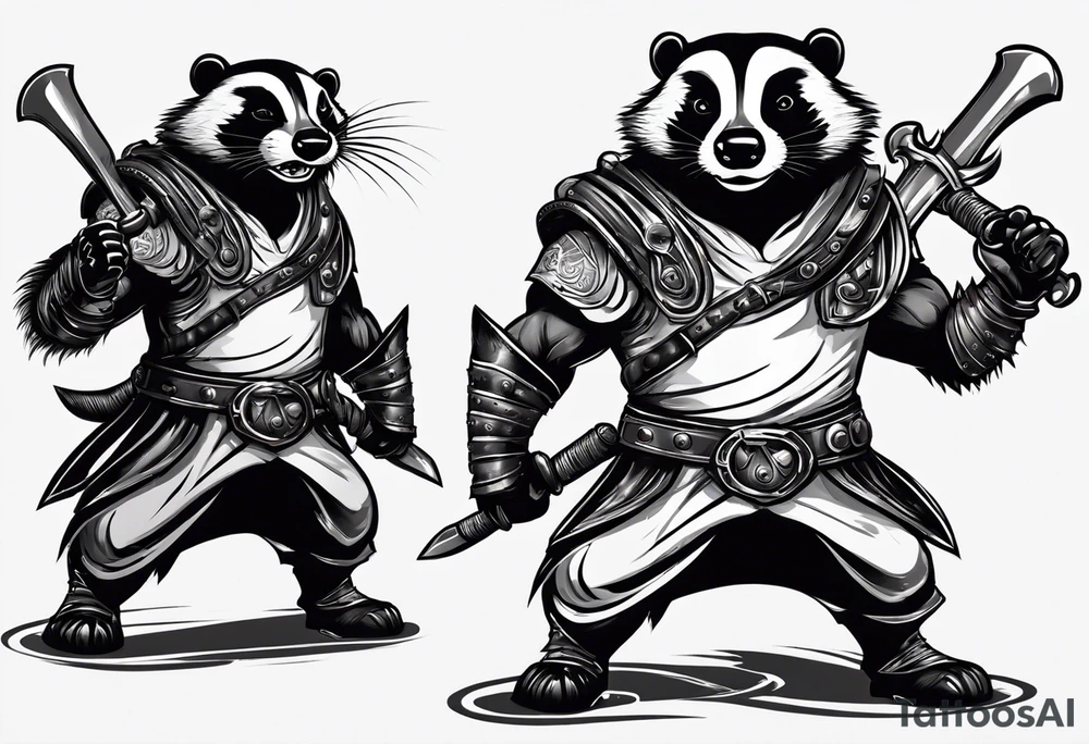 Draw me badger with aggressive full body, killer face with cute smile, very long nails and he attacks like a Turkish gladiator to enemy and also he has very deadly looking. The only weapon is his braveness he fights with his nails. tattoo idea